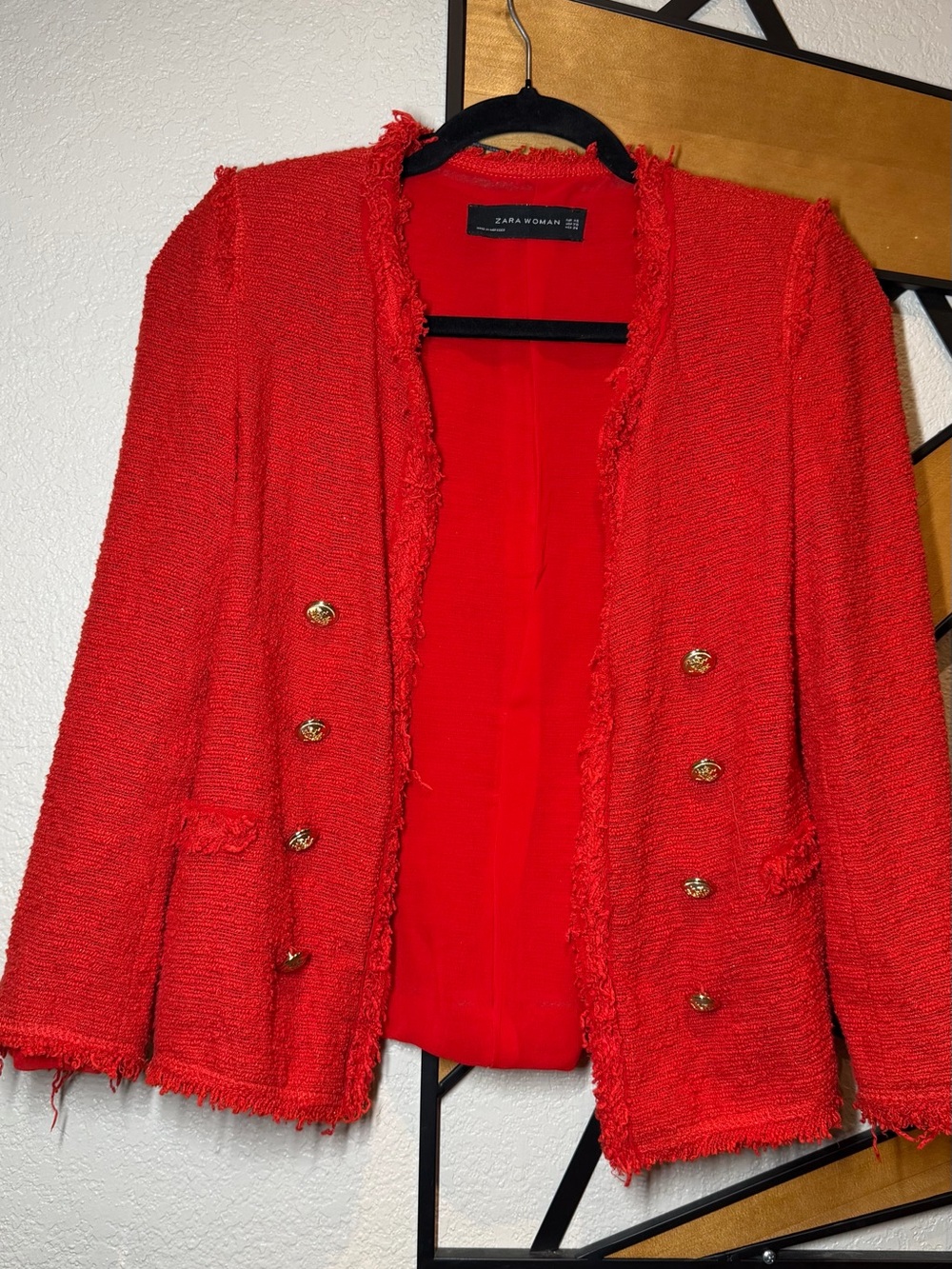 Zara Red Frayed Tweed Double-Breasted Jacket